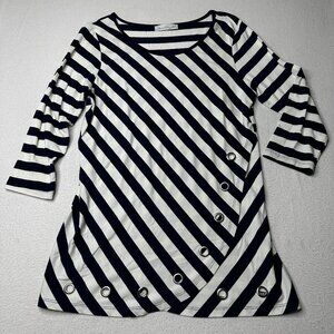 Keren Hart Womens Navy White Striped Tunic Top Grommet Hem Stretch Knit Size S